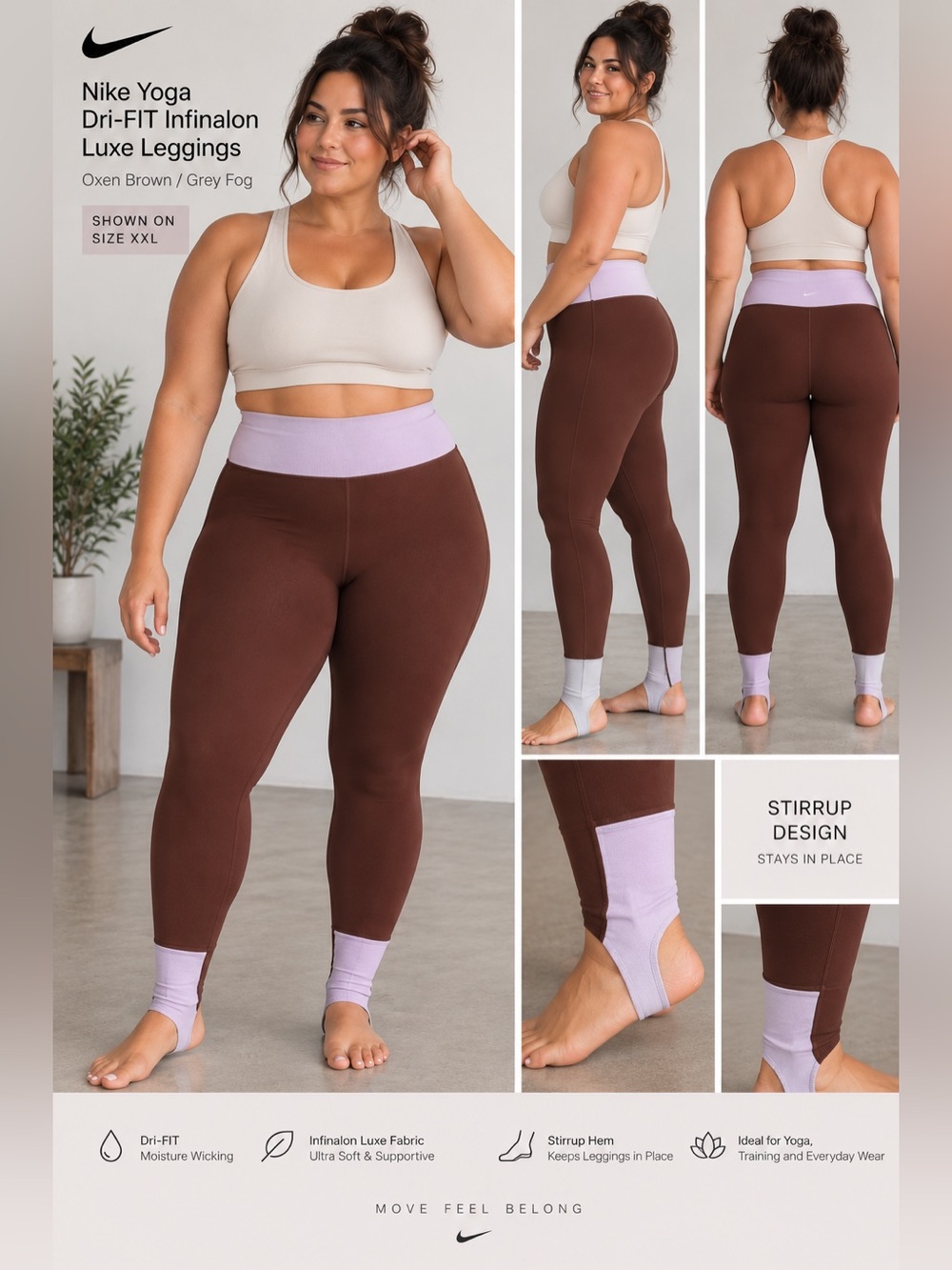 NWT Nike Yoga Dri-FIT Infinalon Luxe Leggings oxen brown doll/grey fog size xxl